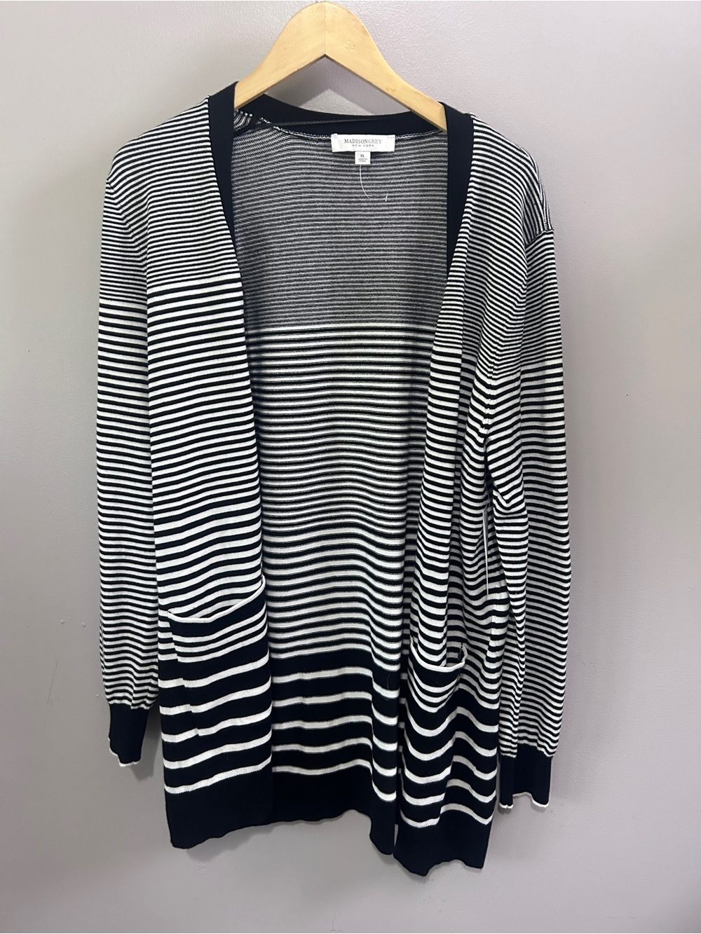 Madison Grey New York Striped Open Front Cardigan XL Black White  Sweater